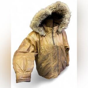 Vintage Thrashed Leather Aztec Fleece Lined Aviation Bomber Jacket Coat Flawed